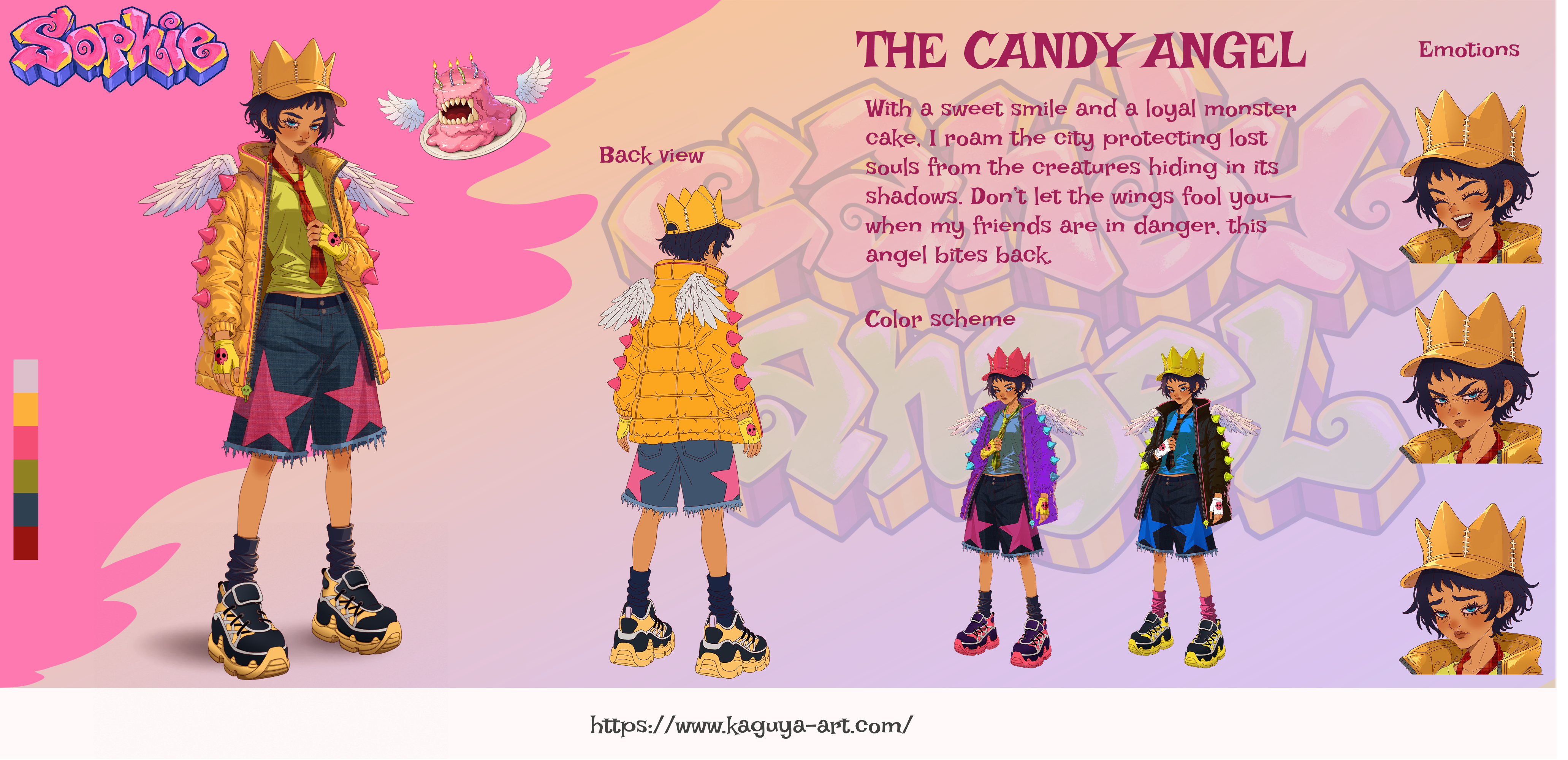 Концепт персонажа Candy Angel: основной образ Софи, вид сзади, цветовые варианты и эмоции